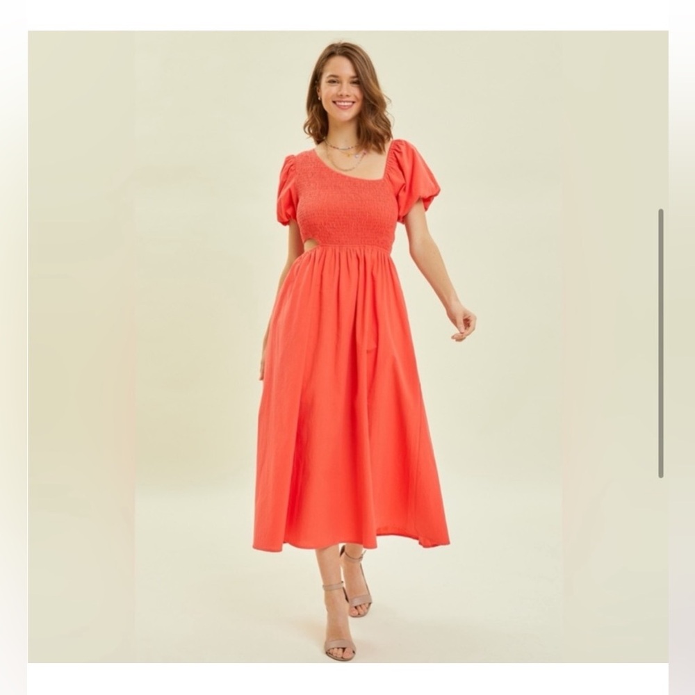 Coral Puff Sleeve Cutout Midi Dress from Heyson
